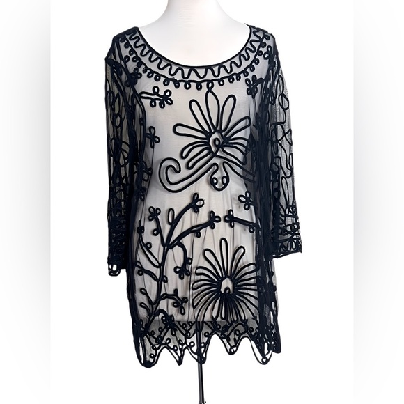 Pretty Angel Black Sheer Lace Embroidery Tunic / Swimsuit Cover Up Women’s Large - Picture 1 of 8